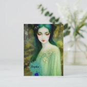 Elegantes Fantasy Frauenportrait in Grün und Blau Postkarte (Stehend Vorderseite)