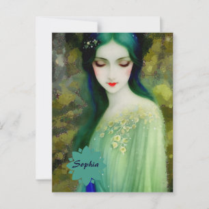 Elegantes Fantasy Frauenportrait in Grün und Blau Postkarte