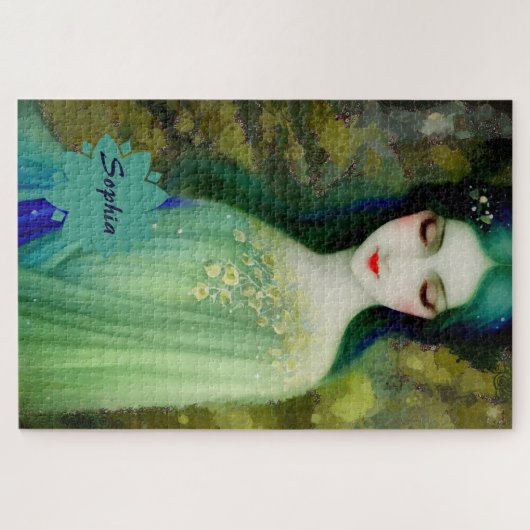 Elegantes Fantasy Frauenportrait in Grün und Blau Puzzle (Horizontal)