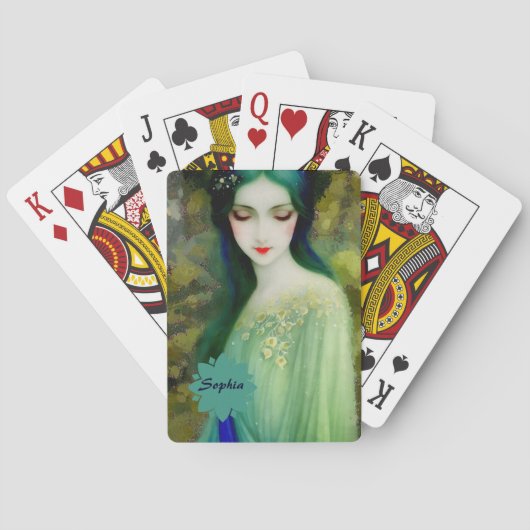 Elegantes Fantasy Frauenportrait in Grün und Blau Spielkarten (Rückseite)
