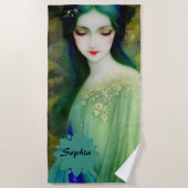 Elegantes Fantasy Frauenportrait in Grün und Blau Strandtuch (Vorderseite)