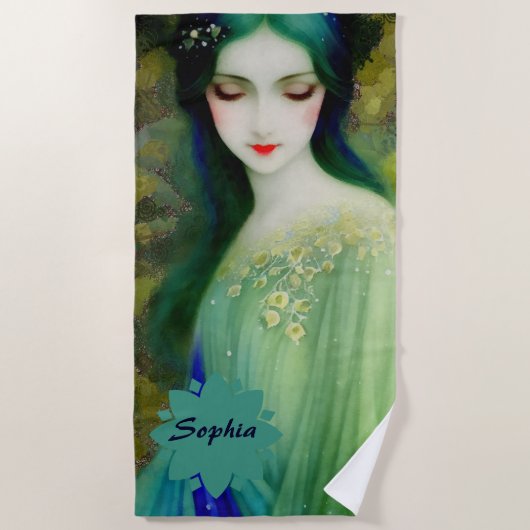 Elegantes Fantasy Frauenportrait in Grün und Blau Strandtuch (Vorderseite)