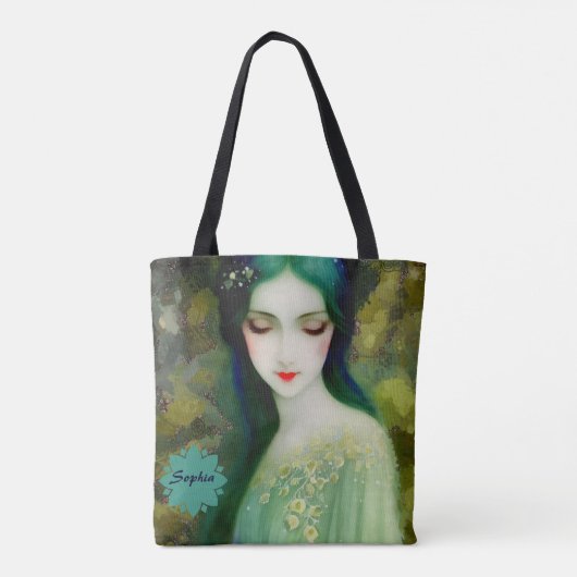 Elegantes Fantasy Frauenportrait in Grün und Blau Tasche (Rückseite)