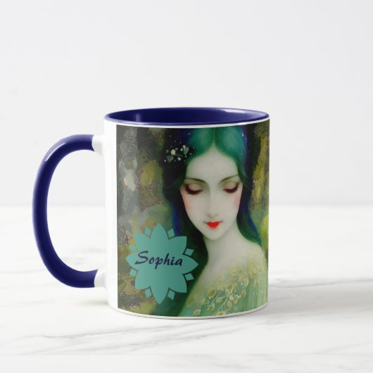 Elegantes Fantasy Frauenportrait in Grün und Blau Tasse (Links)