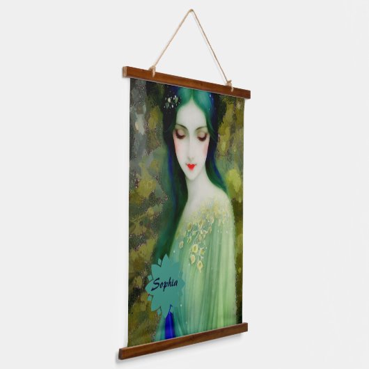 Elegantes Fantasy Frauenportrait in Grün und Blau Wandteppich Mit Holzrahmen (Gewinkelt)