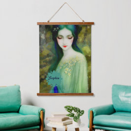 Elegantes Fantasy Frauenportrait in Grün und Blau Wandteppich Mit Holzrahmen