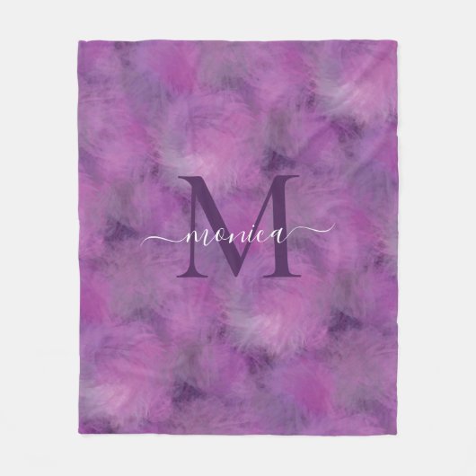 Elegantes Feathers Muster Mit Monogramm Lila Fleecedecke (Vorderseite)