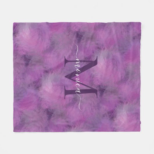 Elegantes Feathers Muster Mit Monogramm Lila Fleecedecke (Vorderseite (Horizontal))