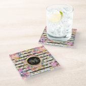 Elegantes Federblumen- und Streifen-Design Glasuntersetzer (Schrägansicht)