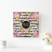 Elegantes Federblumen- und Streifen-Design Quadratische Wanduhr (Zuhause)