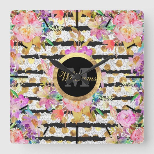 Elegantes Federblumen- und Streifen-Design Quadratische Wanduhr (Vorderseite)