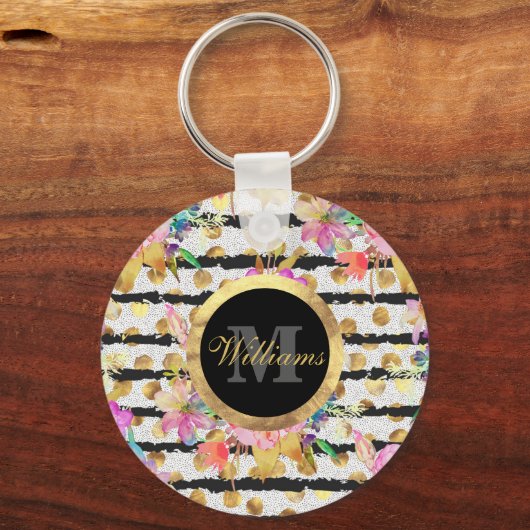 Elegantes Federblumen- und Streifen-Design Schlüsselanhänger (Vorderseite)