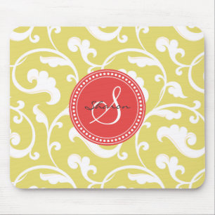 Elegantes, feminin-gelbes Blumenmuster-Monogramm Mousepad