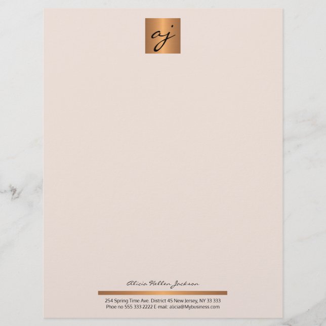 Elegantes feminines Rosa-Kupfergold-Monogramm Briefbogen (Vorderseite)