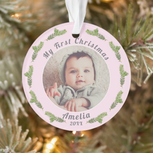 Elegantes festes Pink Baby's First Christmas Foto Ornament (Baum)
