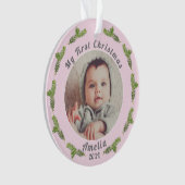 Elegantes festes Pink Baby's First Christmas Foto Ornament (Vorderseite)