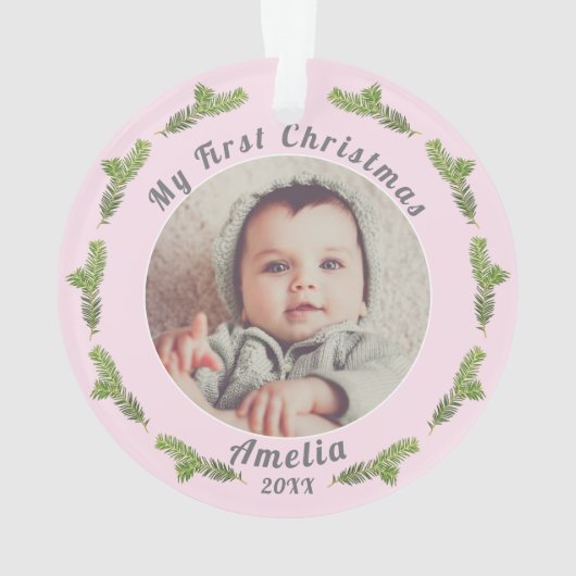 Elegantes festes Pink Baby's First Christmas Foto Ornament (Rückseite)
