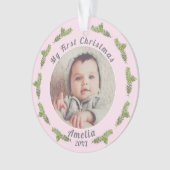 Elegantes festes Pink Baby's First Christmas Foto Ornament (Vorderseite)