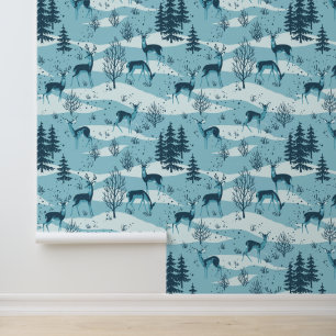 Elegantes festes Retro Blaues Waldland Hirsch Tapete
