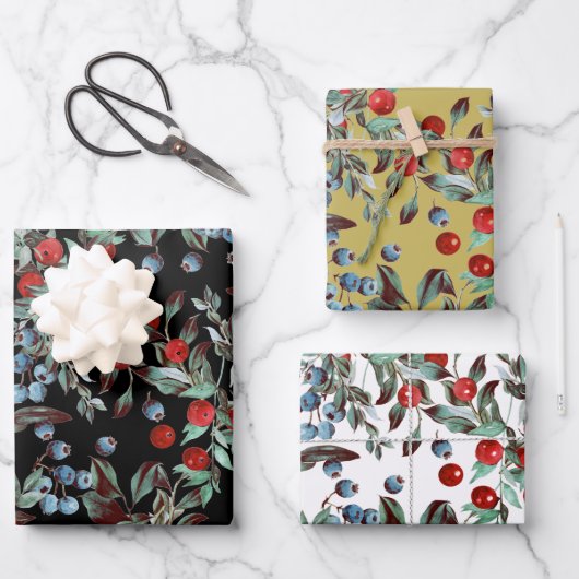 Elegantes festes Wasserfarben Rotes Blau Berries Geschenkpapier Set (Vorderseite)