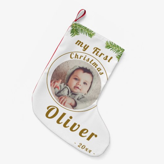 Elegantes festliches Baby`s First Christmas Foto Kleiner Weihnachtsstrumpf (Vorderansicht (hängend))