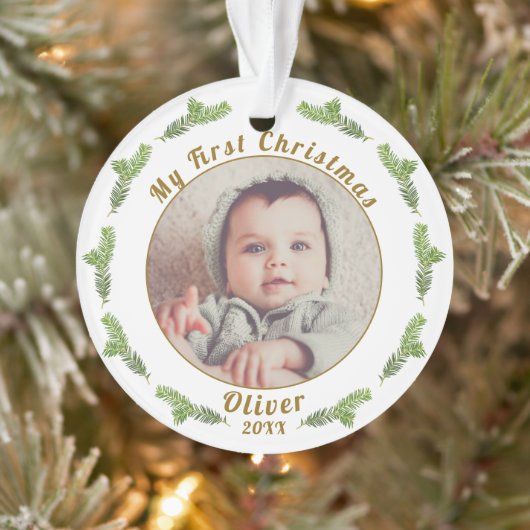 Elegantes festliches Baby's First Christmas Foto Ornament (Baum)
