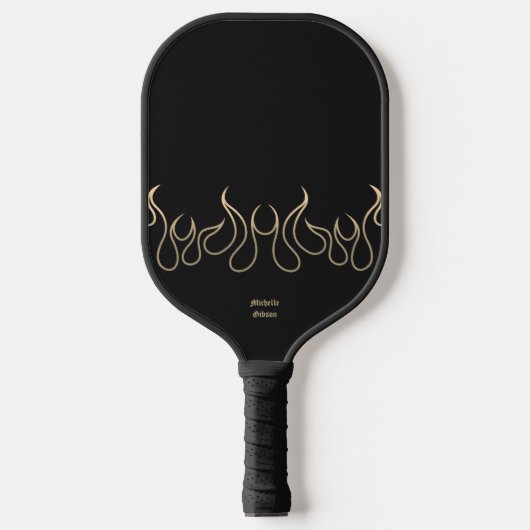 Elegantes Feuerschwarz-Gold-Flammenspiel Pickleball Schläger (Vorderseite)