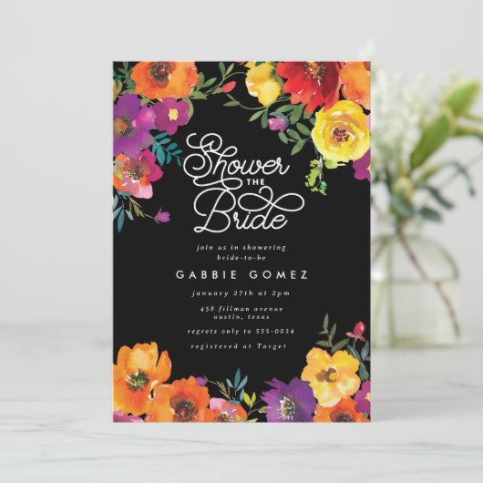 Elegantes Fiesta Farbenfrohe Schwarze Brautparty Einladung (Stehend Vorderseite)