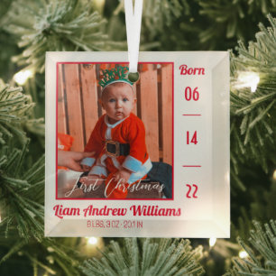 Elegantes First Christmas Baby Birth Stats Foto Ornament Aus Glas