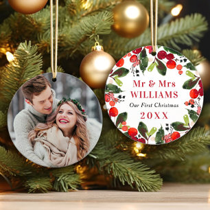 Elegantes First Christmas Greenerity Wedding Foto Ornament