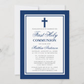 Elegantes First Holy Communion Blue Silver Foto Einladung (Vorderseite)