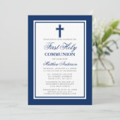 Elegantes First Holy Communion Blue Silver Foto Einladung (Stehend Vorderseite)