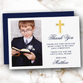 Elegantes First Holy Communion Foto Blue Gold Dankeskarte