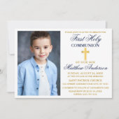 Elegantes First Holy Communion Foto Blue Gold Einladung (Vorderseite)