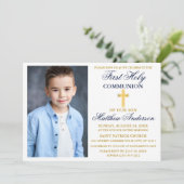 Elegantes First Holy Communion Foto Blue Gold Einladung (Stehend Vorderseite)