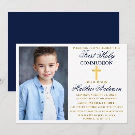 Elegantes First Holy Communion Foto Blue Gold Einladung (Vorne/Hinten)