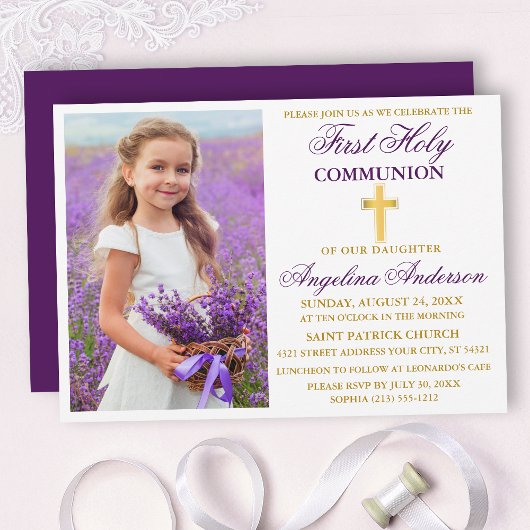 Elegantes First Holy Communion Foto Lila Gold Einladung