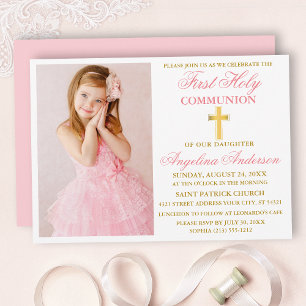 Elegantes First Holy Communion Foto Pink Gold Einladung