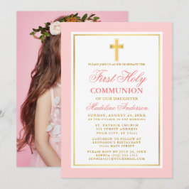 Elegantes First Holy Communion Foto Pink Gold Einladung