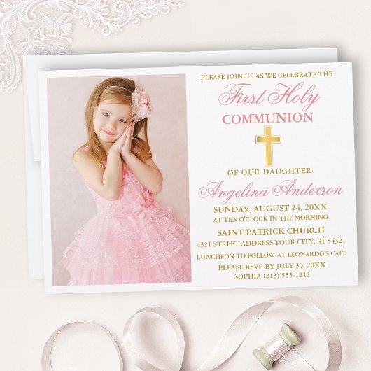 Elegantes First Holy Communion Foto Rosa und Gold Einladung