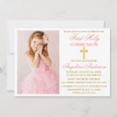 Elegantes First Holy Communion Foto Rosa und Gold Einladung (Vorderseite)