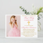 Elegantes First Holy Communion Foto Rosa und Gold Einladung (Stehend Vorderseite)