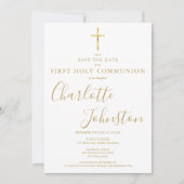 Elegantes First Holy Communion Gold Signature Foto Save The Date (Vorderseite)