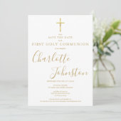 Elegantes First Holy Communion Gold Signature Foto Save The Date (Stehend Vorderseite)