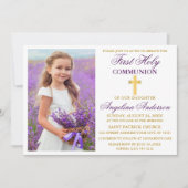 Elegantes First Holy Communion Lila Gold Foto Einladung (Vorderseite)
