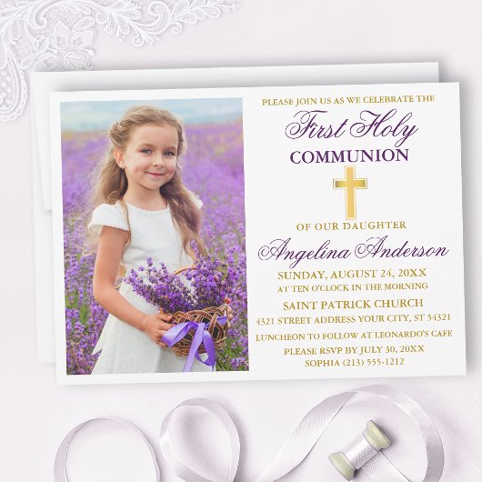 Elegantes First Holy Communion Lila Gold Foto Einladung