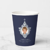 Elegantes First Holy Communion Navy Blue Boy Foto Pappbecher (Rückseite)
