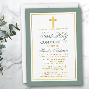 Elegantes First Holy Communion Sage Green Gold Einladung
