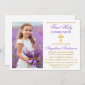 Elegantes First Holy Communion Violet Gold Foto Einladung (Vorne/Hinten)