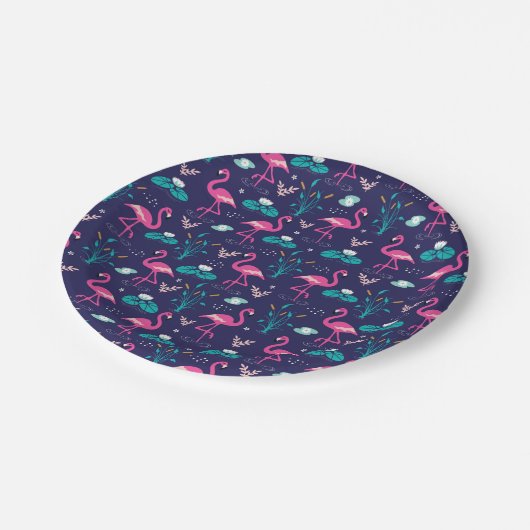 Elegantes Flamingos- und Lilypads-Muster auf der M Pappteller (Schrägansicht)